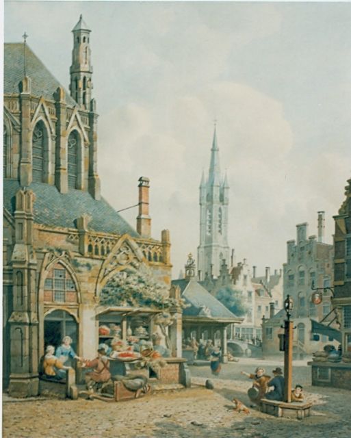 Jan Hendrik Verheijen | Gezicht op groentestalletje bij bedrijvig stadsgebeuren, aquarel op board, 47,5 x 42,0 cm, gesigneerd l.o.