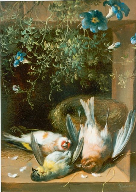 Albertus Verhoesen | Stilleven van zangvogeltje, nestje en bloemen, olieverf op paneel, 27,0 x 20,2 cm, gesigneerd r.o.