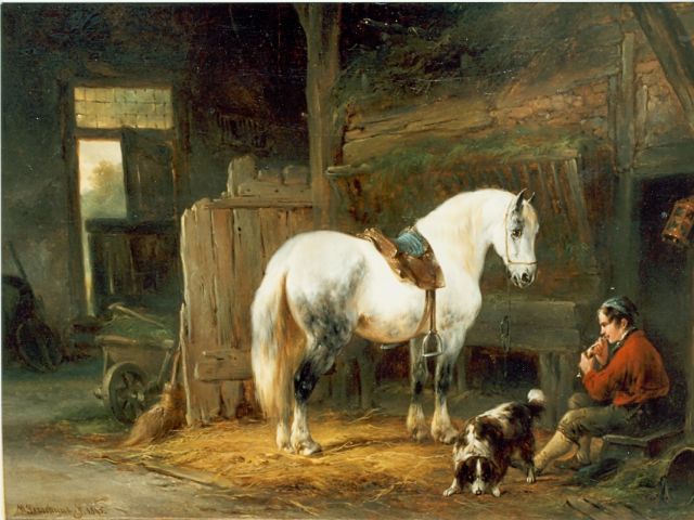 Wouterus Verschuur | Stalinterieur met schimmel en rokende knecht, olieverf op doek, 27,0 x 35,0 cm, gesigneerd l.o. en gedateerd 1845