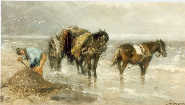 Johan Frederik Cornelis Scherrewitz | Schelpenvisser in de branding, olieverf op paneel, 16,7 x 28,7 cm, gesigneerd r.o.