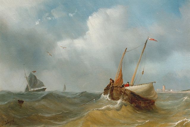 Petrus Paulus Schiedges | Een bomschuit gaat voor anker, olieverf op paneel, 16,2 x 22,8 cm, gesigneerd l.o.