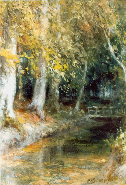 Piet Schipperus | Sloot in herfstbos, olieverf op paneel, 27,7 x 21,2 cm, gesigneerd r.o.