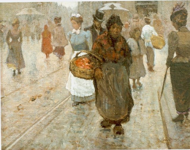 Bernard Schregel | Winkelend publiek, Den Haag, olieverf op doek, 28,7 x 36,2 cm, gesigneerd r.o.
