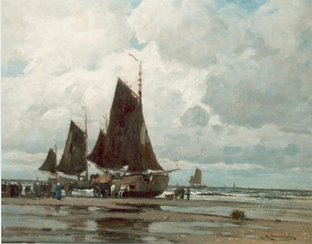 Wilhem Hambüchen | Het uitladen van de visvangst, olieverf op doek, 93,5 x 118,5 cm, gesigneerd r.o.