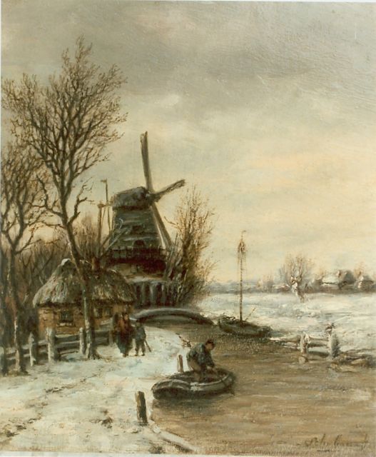 Lion Schulman | Langs de sloot, olieverf op paneel, 18,6 x 15,8 cm, gesigneerd r.o.