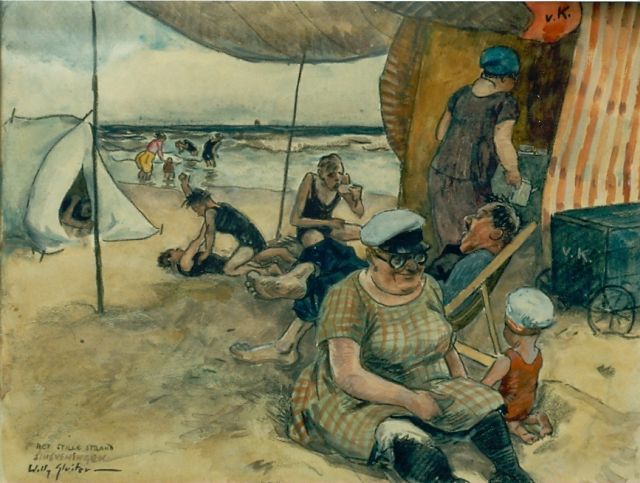 Willy Sluiter | Het stille strand van Scheveningen, gemengde techniek op papier, 37,0 x 48,0 cm, gesigneerd l.o.