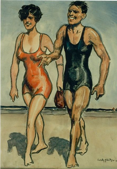 Willy Sluiter | Wandelend langs het strand, gemengde techniek op papier, 48,0 x 37,0 cm, gesigneerd r.o.