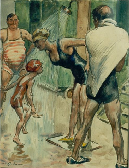 Willy Sluiter | Een koude douche, gemengde techniek op papier, 48,0 x 37,0 cm, gesigneerd l.o.