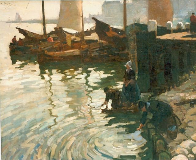 Willy Sluiter | Wassende vrouwen aan de haven van Volendam, olieverf op doek, 80,5 x 100,0 cm, gesigneerd l.o. en gedateerd '10