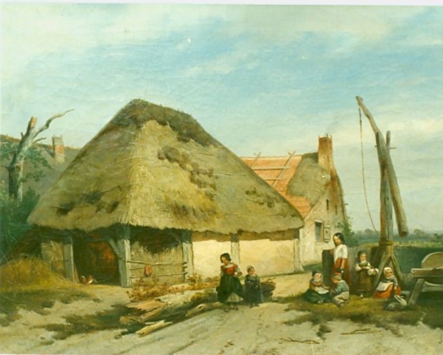Jan Gerard Smits | Spelende kinderen op boeren erf, olieverf op paneel, 49,0 x 65,8 cm, gesigneerd r.o.