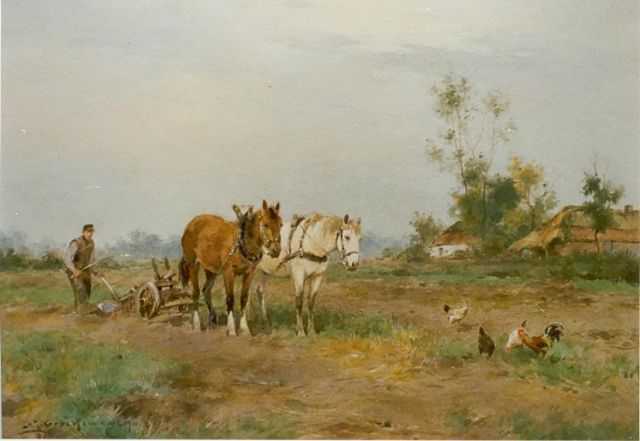 Adriaan Groenewegen | Ploegende boer, aquarel op papier, 24,2 x 34,2 cm, gesigneerd l.o.