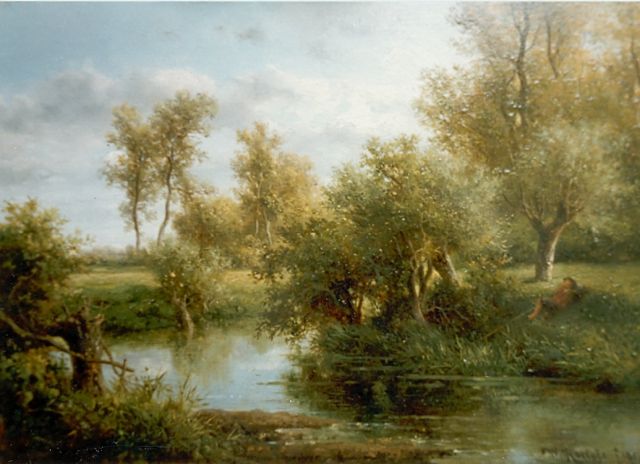 Roelofs W.  | Hengelaar bij bosbeek, olieverf op paneel 25,0 x 35,5 cm, gesigneerd r.o. en gedateerd '51