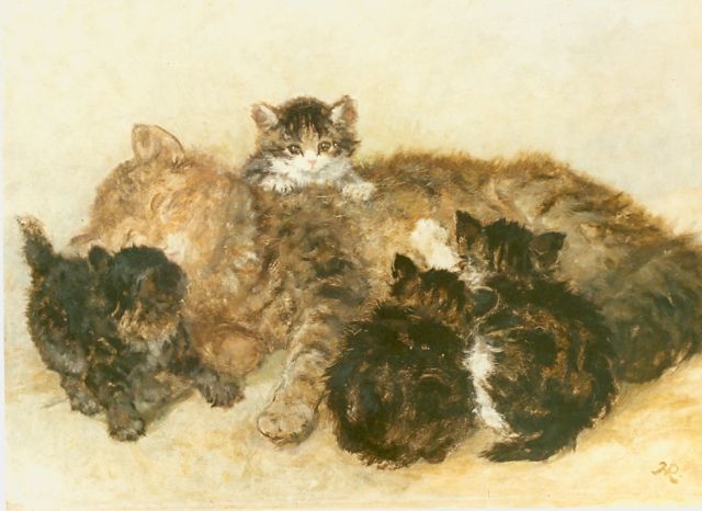 Henriette Ronner-Knip | Moederpoes met haar jongen, olieverf op paneel, 34,9 x 46,1 cm, gesigneerd r.o. monogram
