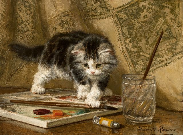 Henriette Ronner-Knip | De aquarellist, olieverf op doek op paneel, 24,0 x 32,1 cm, gesigneerd r.o.