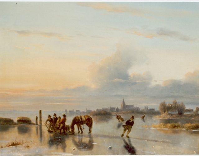 Nicolaas Roosenboom | Op het ijs bij namiddag, olieverf op paneel, 28,2 x 35,1 cm, gesigneerd l.o.