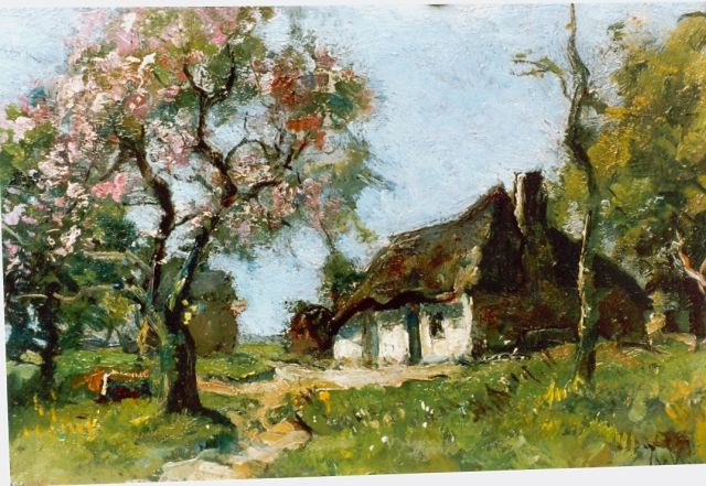Jan van Vuuren | Bloeiende boom op boerenerf, olieverf op paneel, 18,0 x 27,0 cm, gesigneerd r.o.