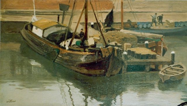 Willem Witsen | tjalken aan de kade, olieverf op doek, 25,0 x 45,0 cm, gesigneerd l.o.