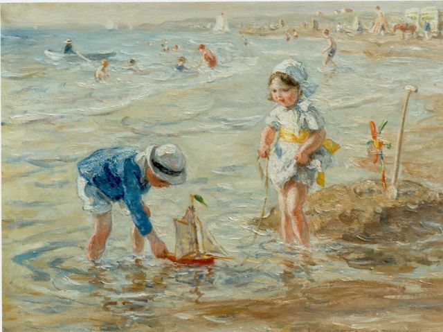 Jan Zoetelief Tromp | Spelende kinderen op het strand, olieverf op doek, 30,0 x 40,0 cm, gesigneerd r.o.