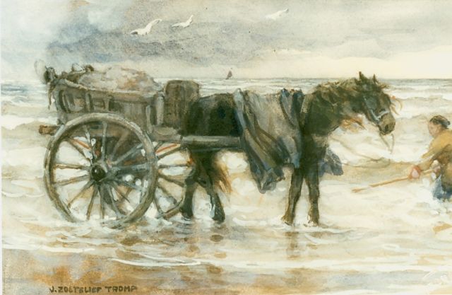 Jan Zoetelief Tromp | Schelpenvisser met zijn kar in de branding, aquarel op papier, 22,0 x 35,0 cm, gesigneerd l.o.