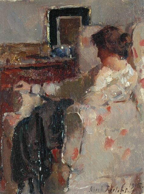 Albert Roelofs | Portret van Tjieke Roelofs, olieverf op doek op paneel, 18,0 x 14,0 cm, gesigneerd r.o. en gedateerd 1915
