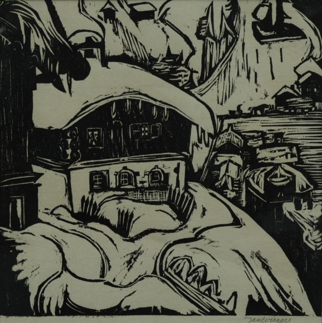 Jan Wiegers | Het huis van Kirchner in Davos, houtsnede op papier, 29,5 x 29,5 cm, gesigneerd r.o. in potlood