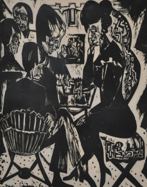 Jan Wiegers | Schaakspelers, houtsnede op papier, 49,0 x 38,3 cm, gesigneerd r.o. met naamstempel en te dateren ca. 1920