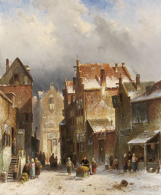 Leickert C.H.J.  | Winters Oudhollands straatje met veel figuren, olieverf op paneel 55,0 x 45,2 cm, gesigneerd r.o. en gedateerd '81