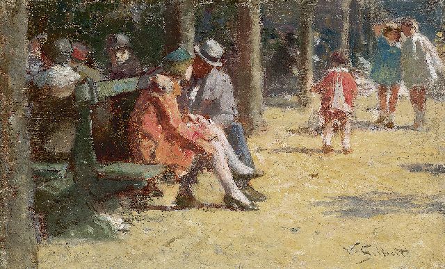 Victor Gabrial Gilbert | Vrijage op een bankje, Place des Vosges, Parijs, olieverf op paneel, 13,6 x 22,0 cm, gesigneerd r.o.