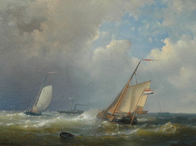 Abraham Hulk | Laverende zeilschepen op ruwe zee, olieverf op paneel, 18,0 x 24,6 cm, gesigneerd l.o.