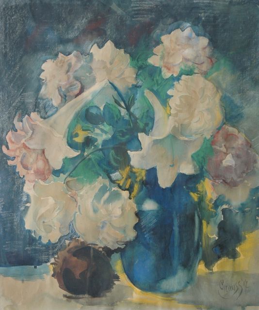 Grauss G.H.  | Boeket in blauwe vaas, pastel en aquarel op papier 67,8 x 56,4 cm, gesigneerd r.o. en gedateerd '17