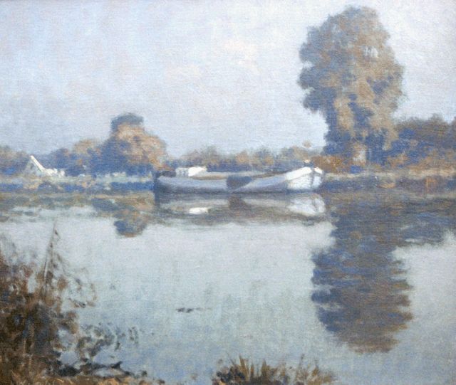 A.P. Schotel | Afgemeerde platbodem, olieverf op doek, 32,0 x 37,5 cm, gesigneerd l.o.