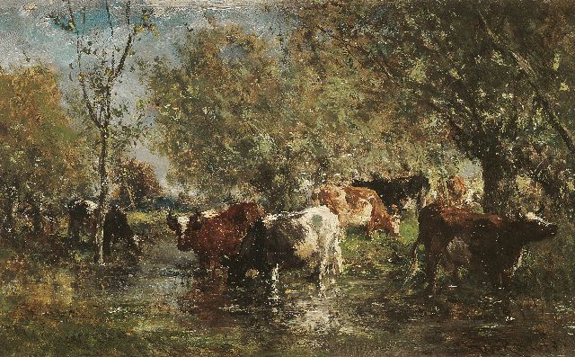 Willem Roelofs | Drinkende koeien, olieverf op paneel, 17,2 x 27,1 cm, gesigneerd r.o.