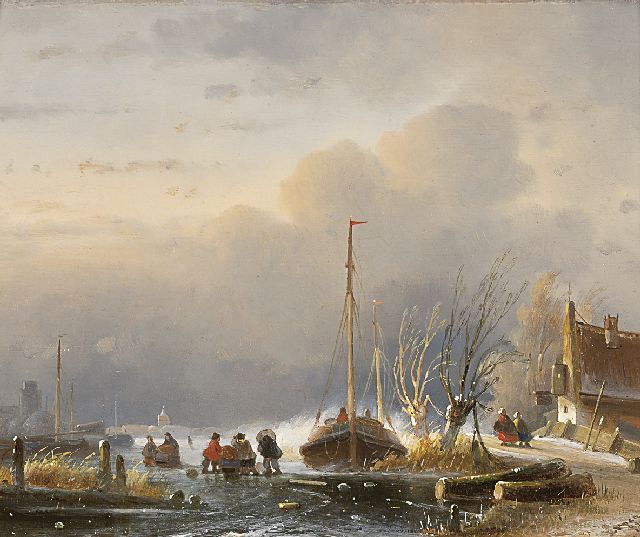 Hoen C.P. 't | Duwsledes op het ijs bij ingevroren schip, olieverf op paneel 18,5 x 23,3 cm, gesigneerd r.o. en '67 of '69