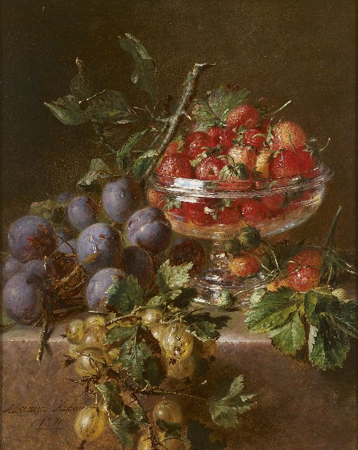 Adriana Haanen | Fruitstilleven met pruimen, kruisbessen en aardbeien in glazen schaal, olieverf op paneel, 38,3 x 30,3 cm, gesigneerd l.o. en gedateerd 1871