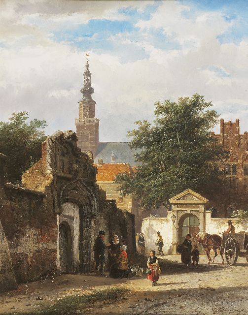 Cornelis Springer | Bij de ingang van het voormalig St. Catharinaklooster in Brielle, olieverf op paneel, 49,1 x 38,6 cm, gesigneerd r.o. voluit en l.o. met mon, en verso met monogram en gedateerd '55