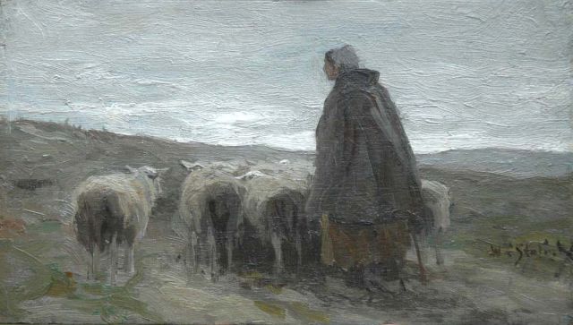 Willem Steelink jr. | Schaapskudde met herderin (alleen tezamen met 10142), olieverf op paneel, 13,1 x 22,9 cm, gesigneerd r.o.