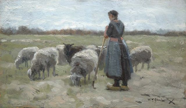 Willem Steelink jr. | Schapenhoedster met kudde  (alleen tezamen met 10141), olieverf op paneel, 13,0 x 21,9 cm, gesigneerd r.o.