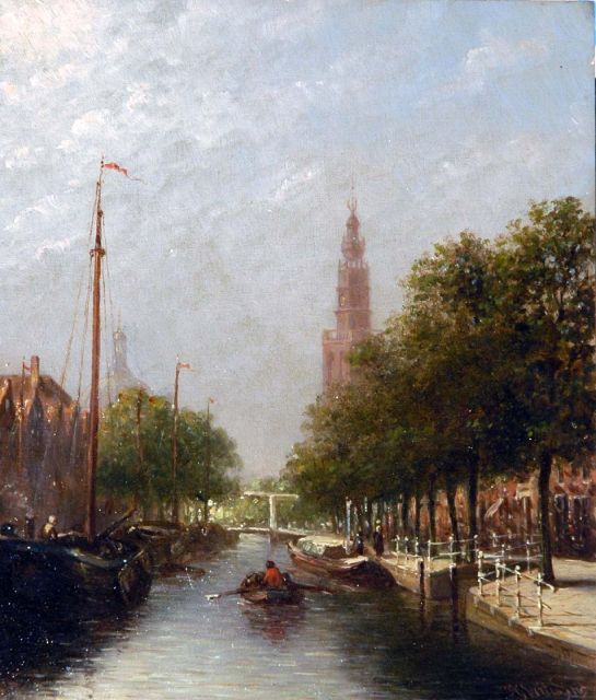 Petrus Gerardus Vertin | Fantasiegezicht met stadsgracht in Leiden, olieverf op paneel, 23,9 x 20,3 cm, gesigneerd r.o. en gedateerd '85