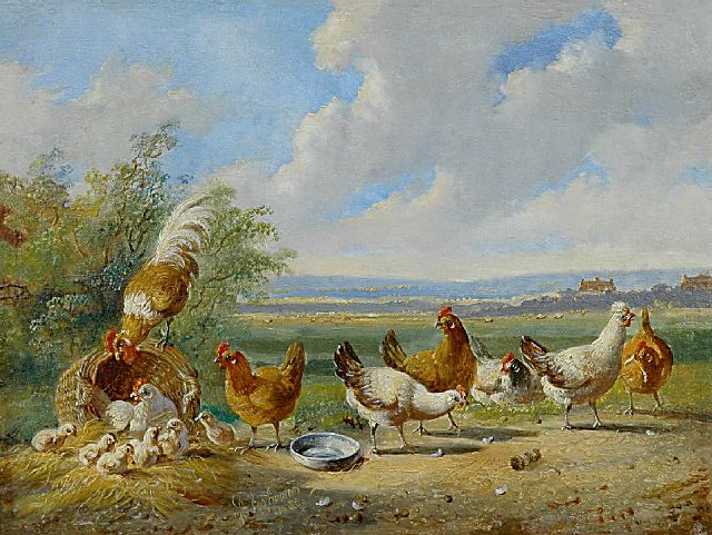 Albertus Verhoesen | Pluimvee in een weids landschap, olieverf op paneel, 14,5 x 19,0 cm, gesigneerd l.v.h.m. en gedateerd 1880
