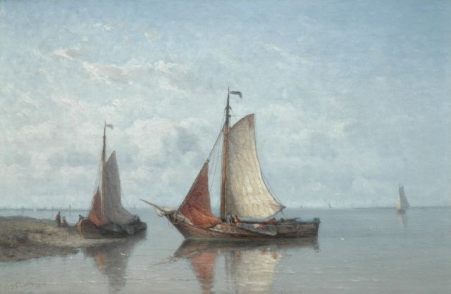 Jan Frederik Schütz | Zierikzeese botters op kalm water, olieverf op paneel, 32,5 x 49,2 cm, gesigneerd l.o. en gedateerd '84