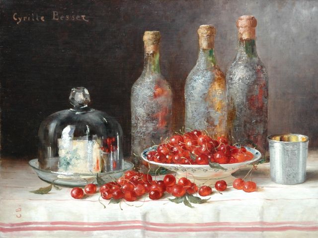Cyrille Besset | Stilleven met flessen, kaas en kersen, olieverf op doek, 49,4 x 65,0 cm, gesigneerd l.b. voluit en l.o. met initialen