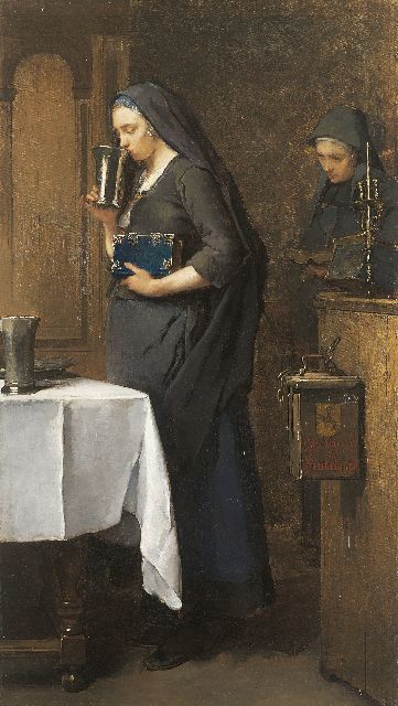 Christoffel Bisschop | Het Nachtmaal bij de oude Mennonieten te Hinlopen, olieverf op doek, 103,4 x 58,8 cm, gesigneerd l.b. en te dateren ca. 1880