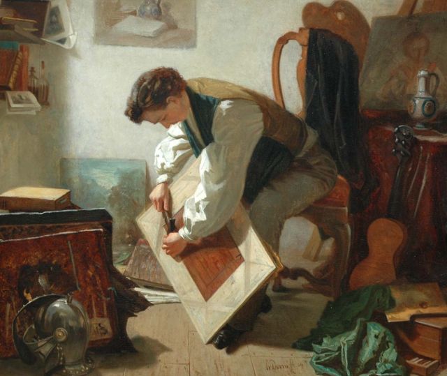 Adriaan van Doorn | Het inlijsten van het schilderij, olieverf op paneel, 33,2 x 38,9 cm, gesigneerd m.o. en gedateerd '59