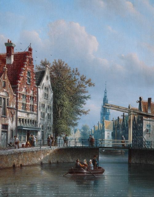 Johannes Franciscus Spohler | Zomers grachtje met roeiboot bij een ophaalbrug, olieverf op doek, 44,0 x 34,8 cm, gesigneerd l.o.