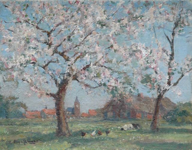 Gerbrand Frederik van Schagen | Kippen onder bloesembomen, olieverf op doek op paneel, 19,3 x 24,5 cm, gesigneerd l.o.