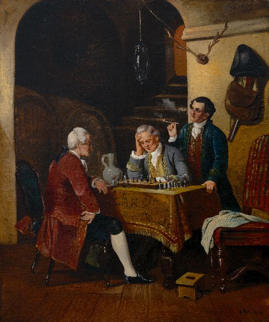 Engelse School | Schaakspelers in een wijnkelder, olieverf op doek, 69,0 x 55,8 cm, gesigneerd r.o.