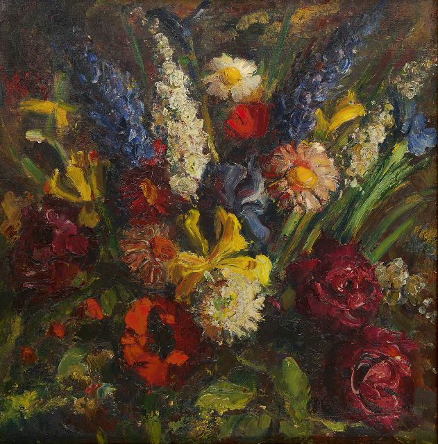Kat E. de | Bloemenpracht, olieverf op doek 84,6 x 84,0 cm, gesigneerd l.o.