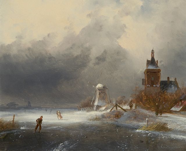 Charles Leickert | IJsgezicht met schaatsers en wandelaars, olieverf op paneel, 18,5 x 22,5 cm, gesigneerd r.o.
