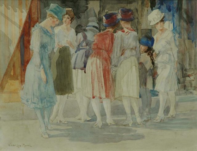 Willem Vaarzon Morel | Elegante dames voor een etalage, potlood en aquarel op papier, 37,9 x 48,6 cm, gesigneerd l.o.