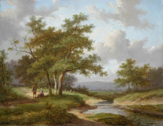 Jan Evert Morel II | Rustend landvolk onder boom, olieverf op paneel, 15,4 x 20,0 cm, gesigneerd l.o.
